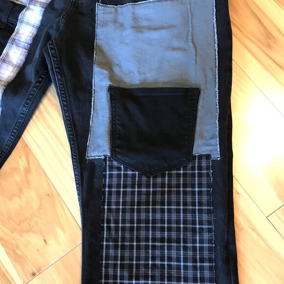 Men’s Hippie Patchwork Jeans, 36x30: Grunge Black Jeans with Gray Black Patches - Picture 6 of 7